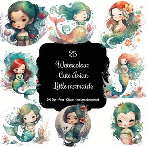 25 Asiatische Meerjungfrauen im Aquarell Stil als Download