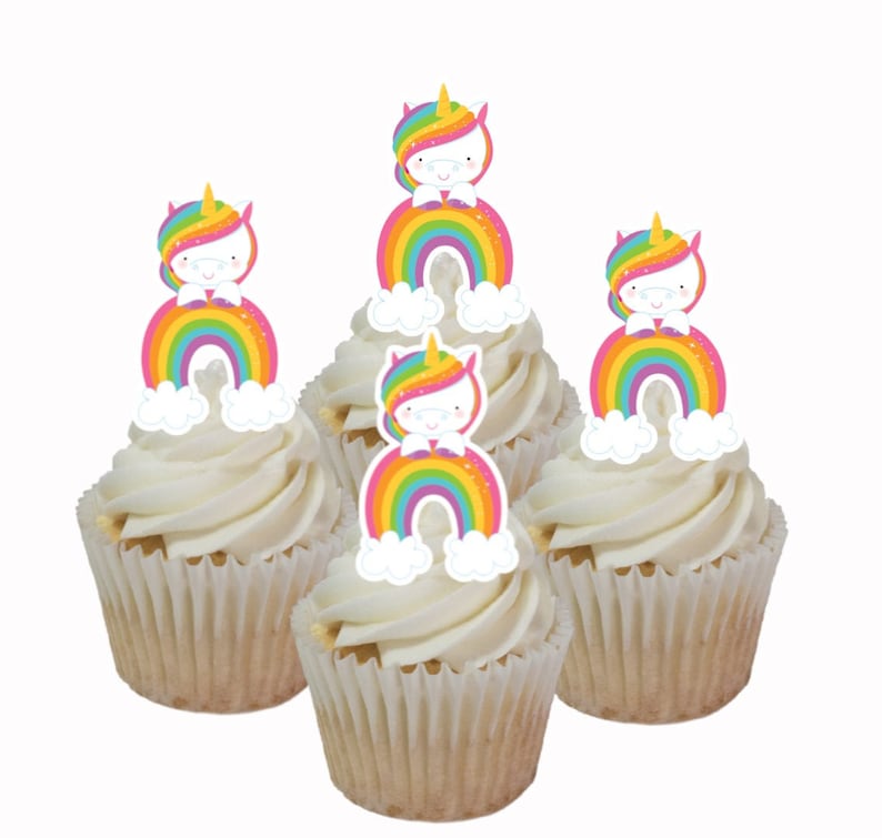Unicorn and rainbows stand up precut wafer card edible cupcake toppers x 12