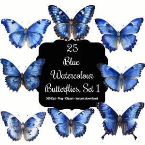 Voo Regal: 25 cliparts de borboleta aquarela azul royal, conjunto 1