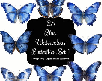 Regal Flight: 25 Royal Blue Watercolor Butterfly Cliparts, Set 1
