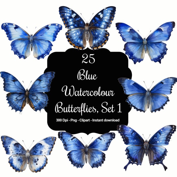 Regal Flight: 25 Royal Blue Watercolor Butterfly Cliparts, Set 1