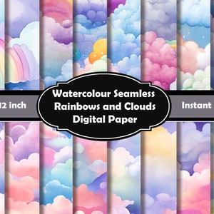 Verträumte Nahtlose Aquarell Regenbögen und Wolken Muster Digitales Papier Set - 32 fröhliche Designs für einen Hauch von Laune, sofort Download