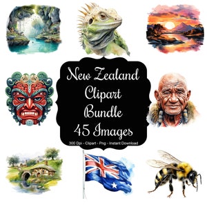 Kiwi Canvas: 45 Watercolour Images Representing New Zealand Clipart Set
