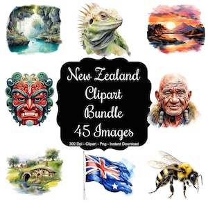 Kiwi Canvas: 45 Watercolour Images Representing New Zealand Clipart Set