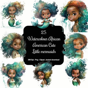 25 sirene afroamericane carine ad acquerello, clipart di alta qualità, download immediato, 300 dpi, file PNG trasparenti, uso commerciale