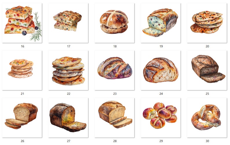 May include: A collection of 15 watercolor illustrations of various breads, including focaccia, sourdough, and rolls. The illustrations are arranged in a grid of five rows and three columns.