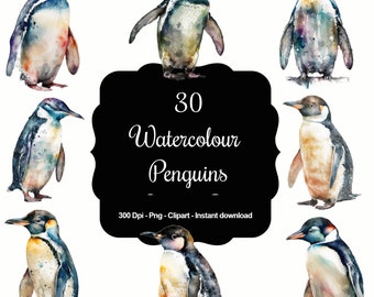 May include: A set of 30 watercolor penguin illustrations. The penguins are depicted in various poses and colors, with a black background and white text that reads "30 Watercolor Penguins 300 Dpi - Png - Clipart - Instant download".