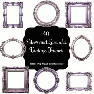 Elegancia lavanda: paquete de 40 imágenes prediseñadas de marcos vintage en plata y lavanda