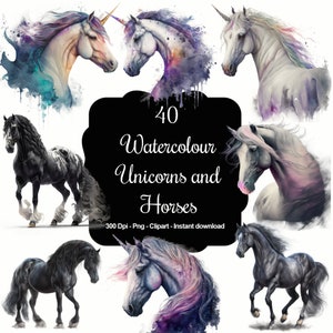 Galop enchanté : 40 aquarelles chevaux et licornes Clipart Collection