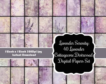 Lavender Serenity: 40 Lavender Cottagecore Distressed Digital Papers Set