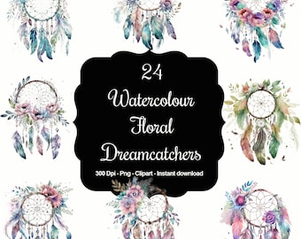 24 Atrapasueños de acuarela, decoración de guardería, imágenes prediseñadas de alta calidad, descarga instantánea, 300 dpi, archivos PNG transparentes, uso comercial