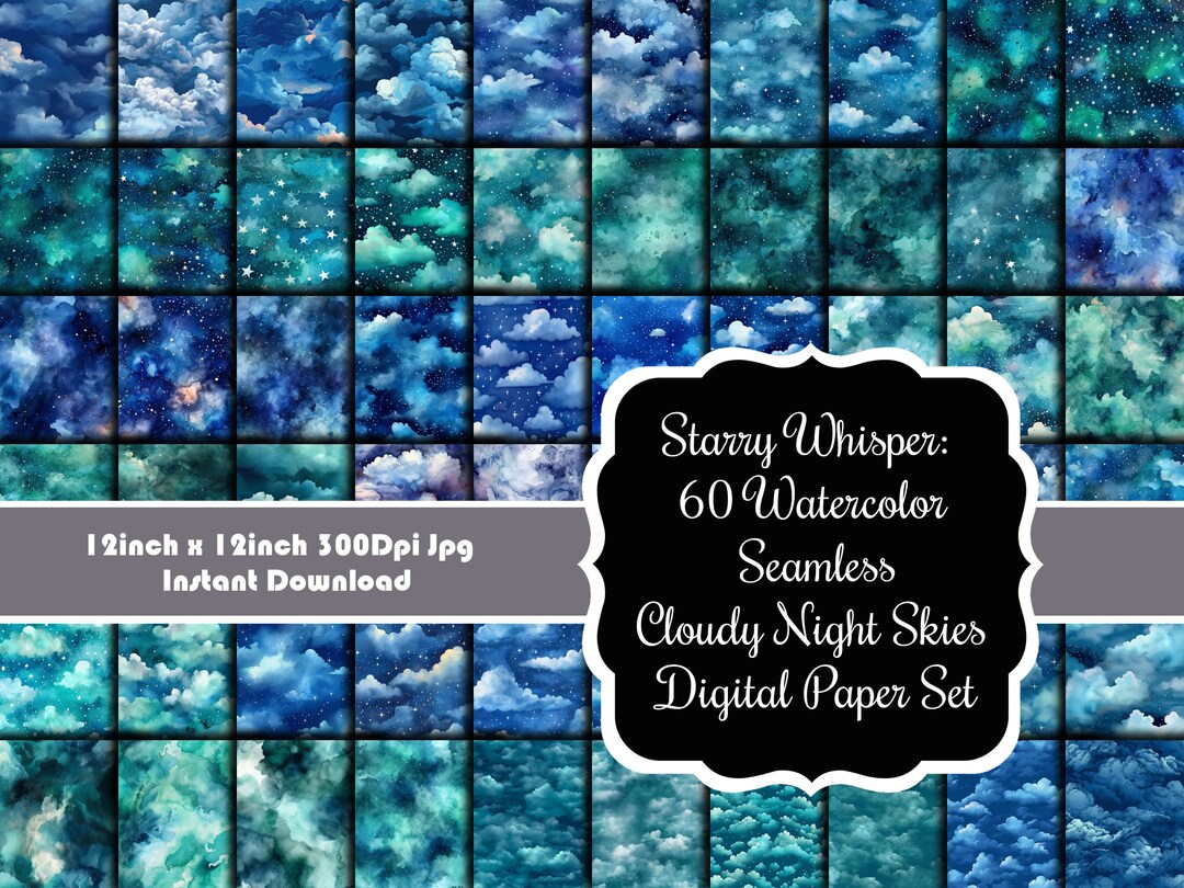 Starry Whisper: Large Bundle of 60 Watercolor Seamless Cloudy Night ...