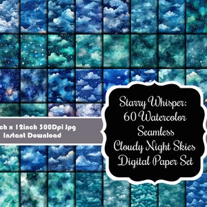 Starry Whisper: grote bundel van 60 aquarel naadloze bewolkte nachtelijke luchten digitale papierset