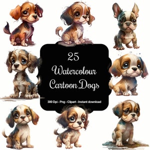 Puppy Palette: 25 Watercolour Cute Cartoon Dogs Clipart Set