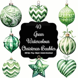 Emerald Elegance: 40 Watercolor Green Bauble Cliparts
