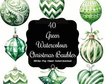 Emerald Elegance: 40 Watercolor Green Bauble Cliparts
