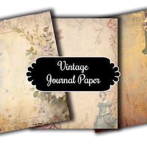 May include: Three vintage journal paper designs with floral borders and a woman in a dress on each page. The text "Vintage Journal Paper" is in a black banner.