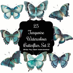 Azure Dreams: Set 2 - 25 clipart di farfalle acquerellate turchesi