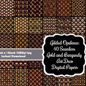 Opulenza dorata: set di 40 carte digitali con motivi Art Deco color oro e bordeaux senza soluzione di continuità
