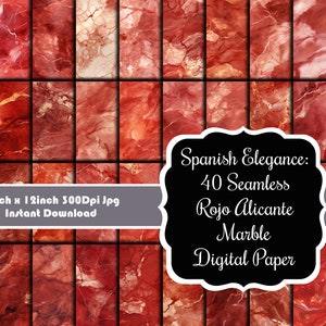 May include: 40 digital paper designs featuring seamless patterns of red and white Rojo Alicante marble. Each design is 12 inches by 12 inches and 300 dpi.
