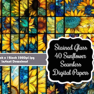 May include: 40 digital papers featuring stained glass style sunflower designs in shades of yellow, blue, and green. Each paper is 12 inches by 12 inches and 300 dpi.