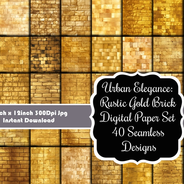 Urban Elegance: Rustic Gold Brick Textures Digital Paper Set - 40 Seamless Designs