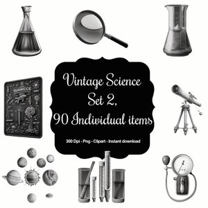 Curiosidades de la ciencia Conjunto 2: Conjunto de imágenes prediseñadas de alta calidad de ciencia vintage de 90 artículos