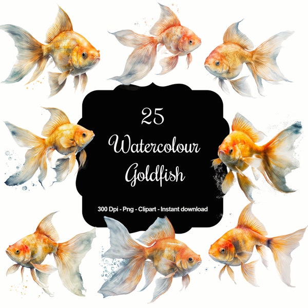 25 Watercolour Goldfish, High Quality Clipart, Instant Download, 300 Dpi, Transparent PNG Files, Commercial use