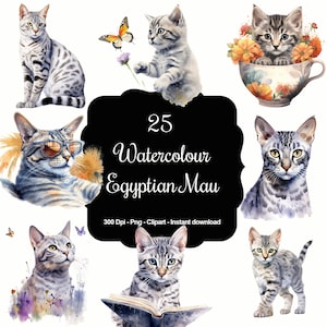 Maus mystique : ensemble de 25 cliparts aquarelles de chats maus égyptiens - illustrations d'art félin uniques