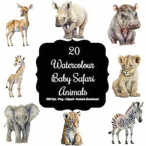 20 animales de safari para bebés en acuarela, imágenes prediseñadas PNG de alta calidad, descarga instantánea, 300 ppp, archivos PNG individuales