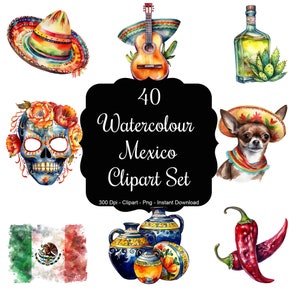 Mexicaans mozaïek: 40 aquarel Mexico-bundel clipartsets