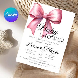 Invitación editable con lazo rosa para baby shower, plantilla personalizable de Canva, descarga instantánea, invitación para baby shower de niña, plantilla para baby shower