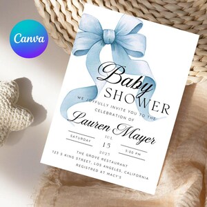 Plantilla editable de invitación para baby shower con lazo azul, descarga instantánea, plantilla personalizable de Canva, invitación para baby shower de niña, plantilla para baby shower