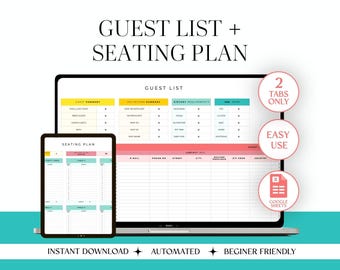 Wedding Guest List & Seating Chart Spreadsheet | Google Sheets Wedding Planner | Seating Arrangement Template