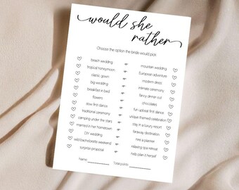Would She Rather Bridal Shower Game Printable 5x7 Bride to Be Party Activity Bridal Shower Guests | Hen Party Printable Games