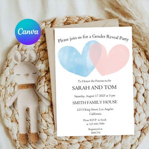 Faire-part de révélation de sexe modifiable lui ou elle, conception aquarelle bleu rose pastel, personnalisable avec toile, téléchargement numérique, invitation de baby shower