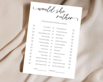Would She Rather Bridal Shower Printable Game, 5x7 Party Activity for Bride to Be, Fun Game Cards for Bridal Shower Guests Hen Party Games