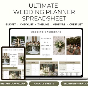 Peut inclure: Un tableur de planificateur de mariage numérique affiché sur un ordinateur portable et une tablette. L'écran affiche un tableau de bord de mariage avec des sections pour le budget, la liste de contrôle, le calendrier, les fournisseurs et la liste des invités.