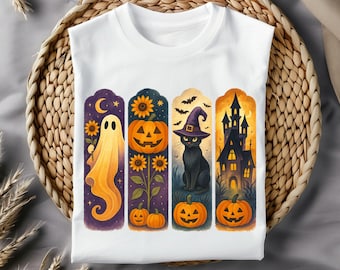 May include: White sleeveless t-shirt featuring four Halloween-themed designs. The designs include a ghost, jack-o'-lanterns, a black cat with a witch hat, and a haunted house. The artwork is in a watercolor style with vibrant colors.