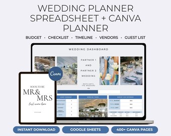 Wedding Planner Spreadsheet, Wedding Budget, Guest List & Seating Chart, Task and Vendor Organizer, Excel and Google Sheets Template