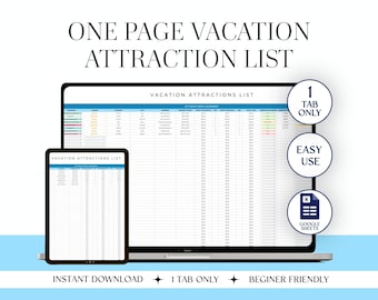 Vacation Attractions List Spreadsheet | Google Sheets Travel Planner | Trip Organizer Template