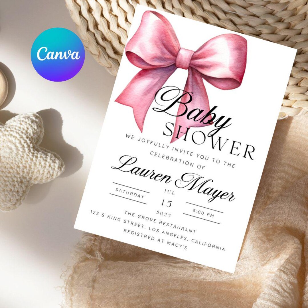 Editable Pink Bow Baby Shower Invitation, Customizable Canva Template ...