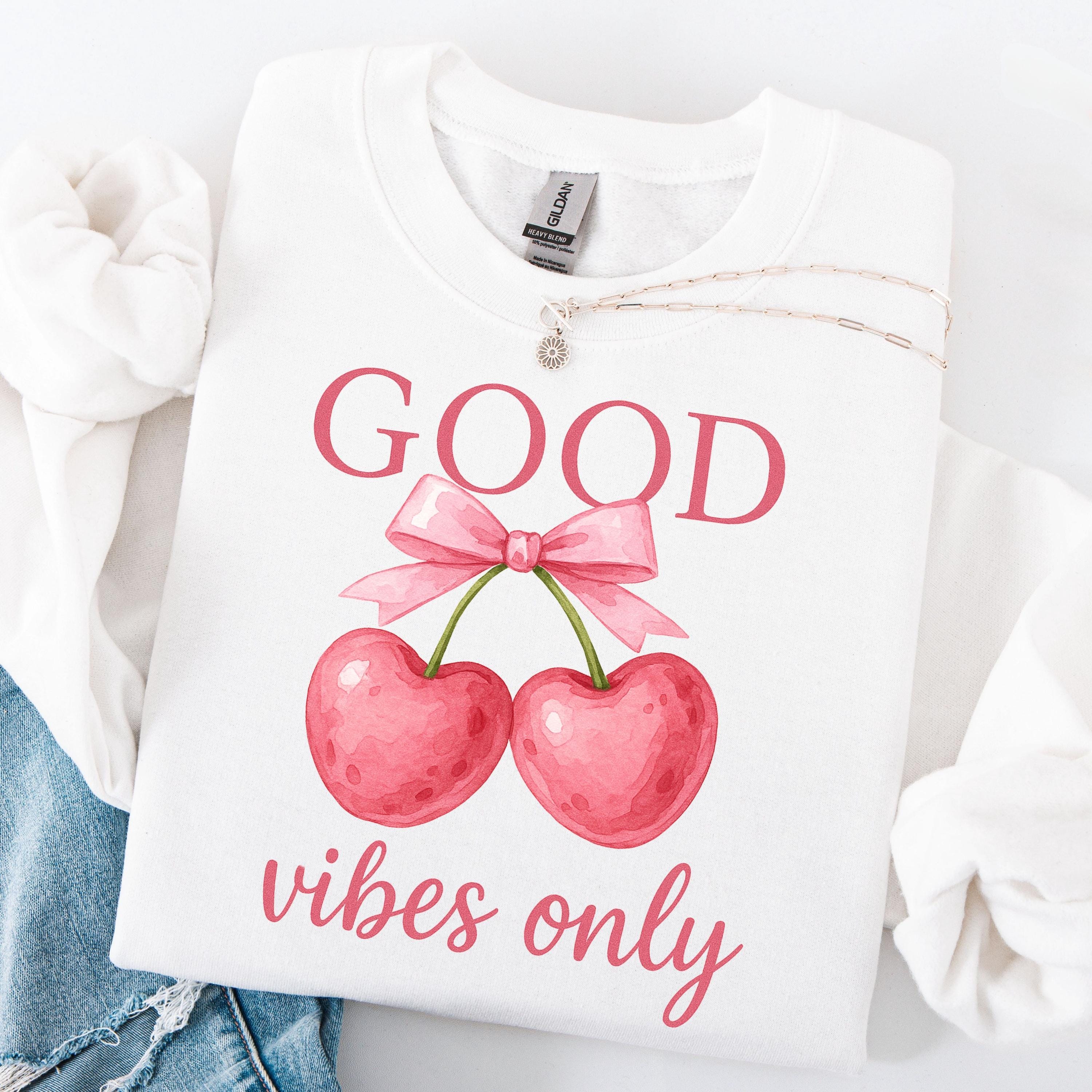 Good Vibes Only png Pink Heart Cherries Coquette Bow Positive svg Pink Bow Coquette png Pink Heart Cherry PNG svg  Instant Download