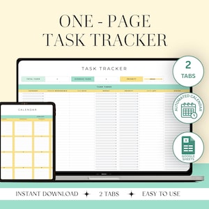 Puede incluir: Un rastreador de tareas digital que se muestra en una computadora portátil y una tableta. La pantalla de la computadora portátil muestra una hoja de cálculo con categorías de tareas y un calendario. La tableta muestra una vista de calendario. El texto incluye "ONE-PAGE TASK TRACKER".