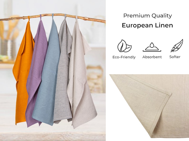 May include: Set of four kitchen towels made from European linen. The towels are in various colors, including orange, purple, blue, and beige. The towels are hanging on a wooden branch. The text "Premium Quality European Linen" is displayed above the towels. Below the text are three icons representing eco-friendly, absorbent, and softer.