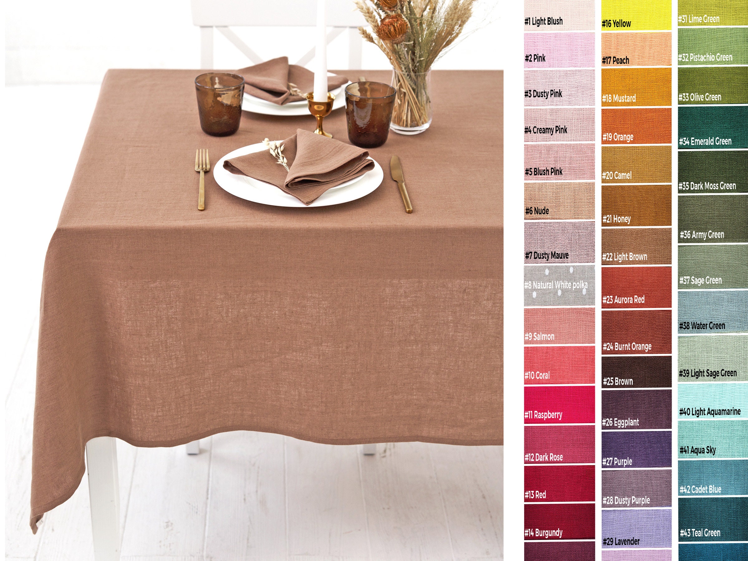 Light Brown Linen Tablecloth, Light Brown Napkins, Light Brown Placemats. Square, rectangular Table Linens  in various colors and sizes