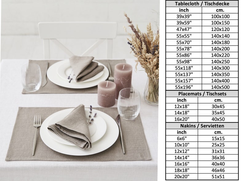 Natural Linen Napikins, Tablecloth, Placemats in any measurements and colours.
Natürliche Leinenservietten, Tischdecken, Tischsets in allen Maßen und Farben.