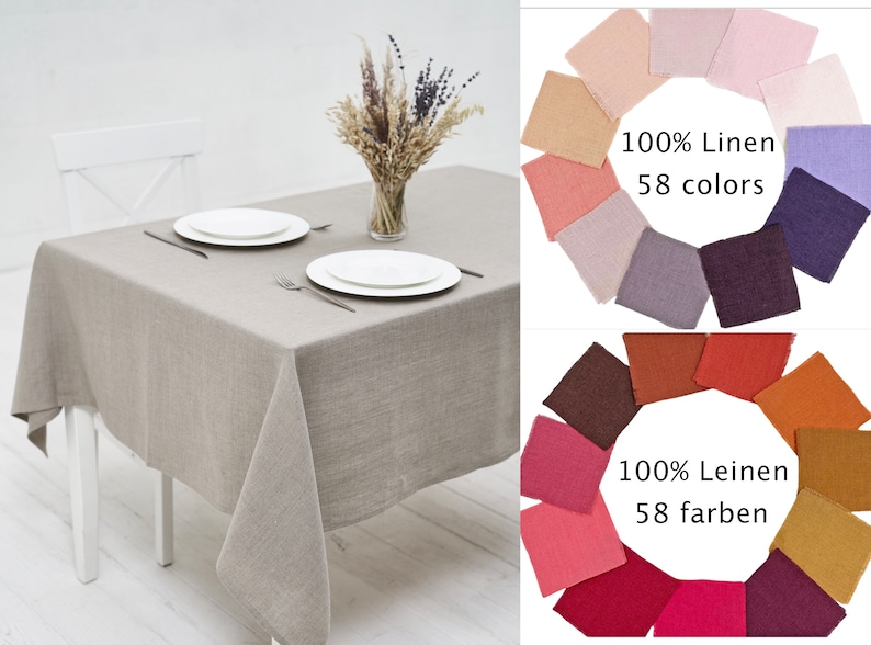 Linen Napkins, Tablecloths, Placemats in 58 colours. 
Leinenservietten, Tischdecken, Tischsets in 58 Farben.
