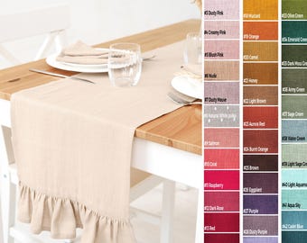 Beige  Natural Linen Table Runner Ruffle, Beige and other various colors Linen Napkins, Table Runner for Wedding, Ruffled Linen Table Runner
