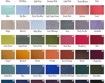 May include: A color chart with 49 fabric swatches, each labeled with a number and a color name. The colors range from white to black, and include shades of blue, green, pink, red, and brown.